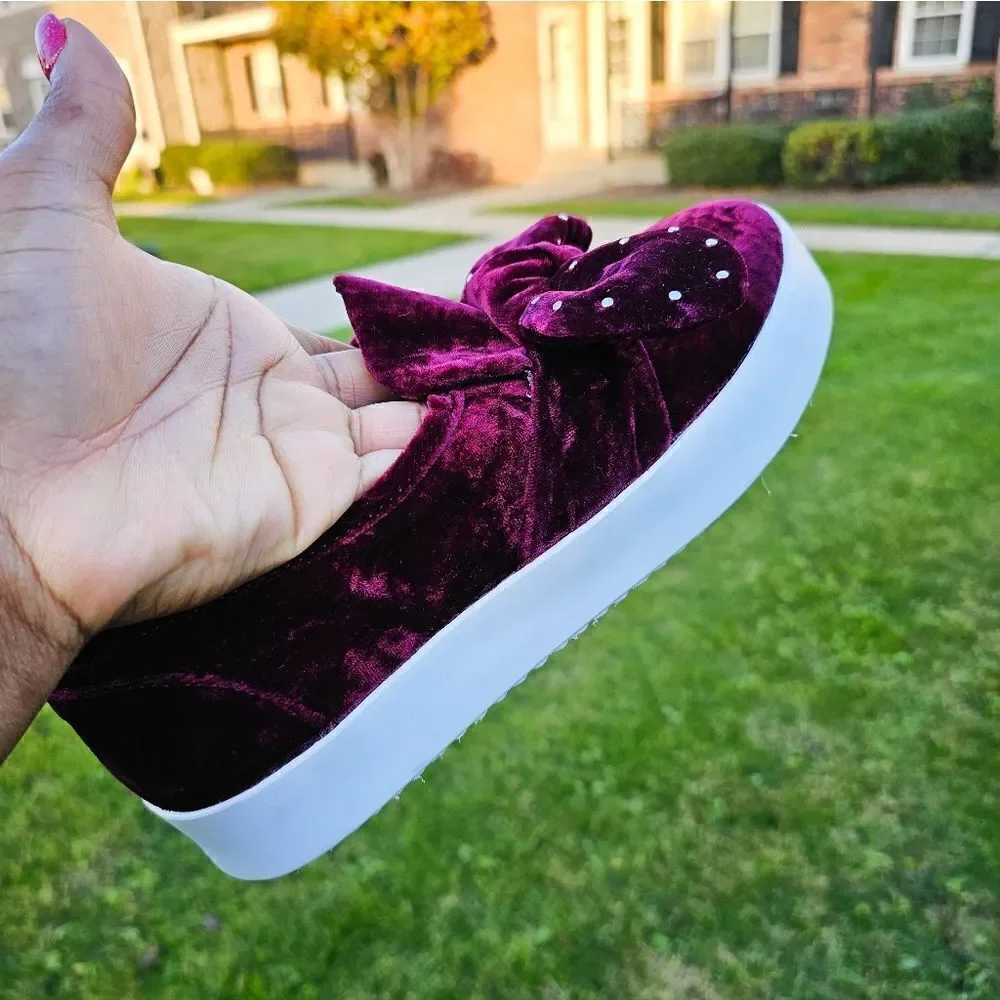 Rebecca Minkoff Stacey Studded Burgandy Velvet Slip On Sneakers.